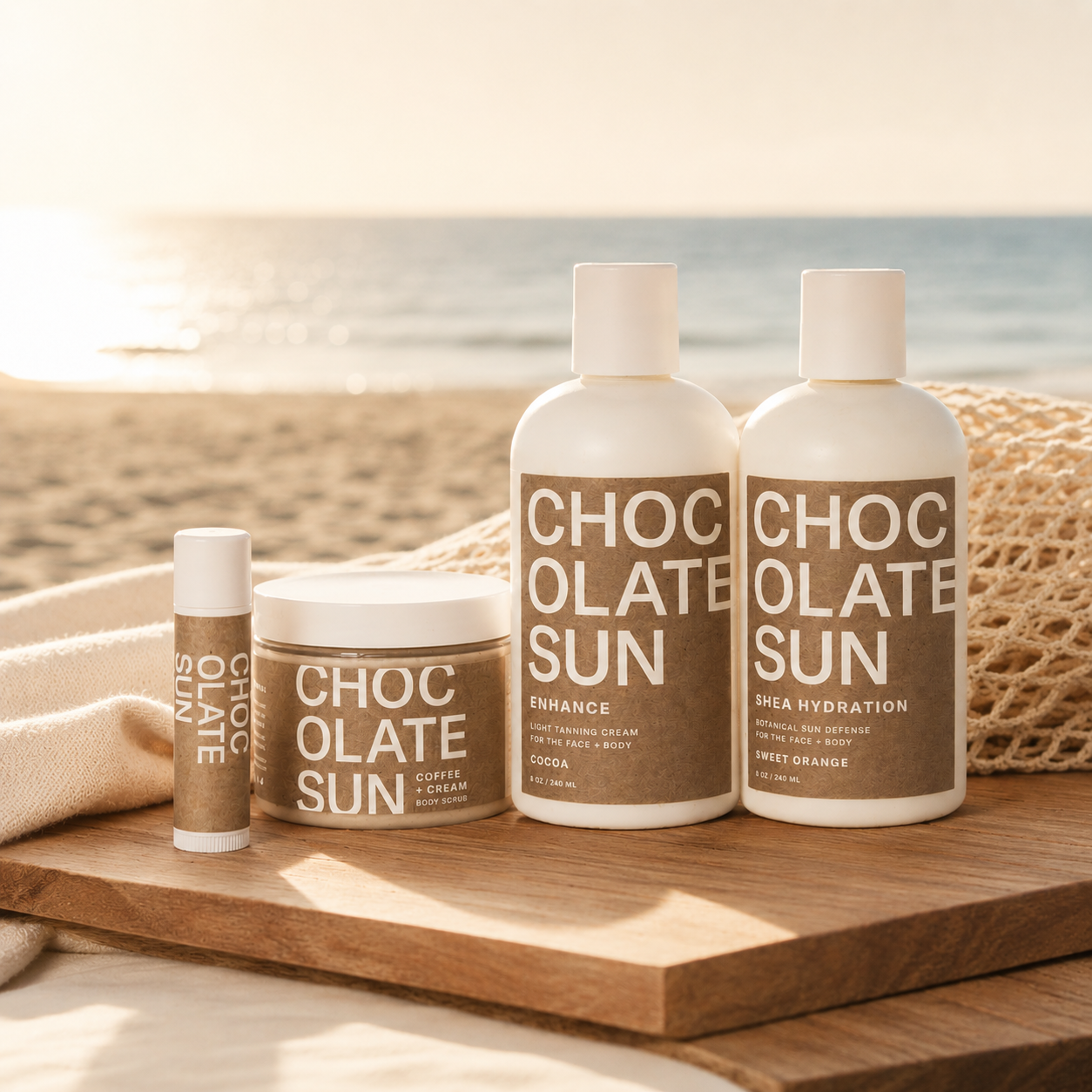 Chocolate Sun skincare products on a wooden tray with a beach background